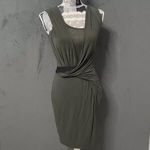 B44 Dressed Bodycon Dress Womens XS Army Green Twist Front Jersey Knit Sheath